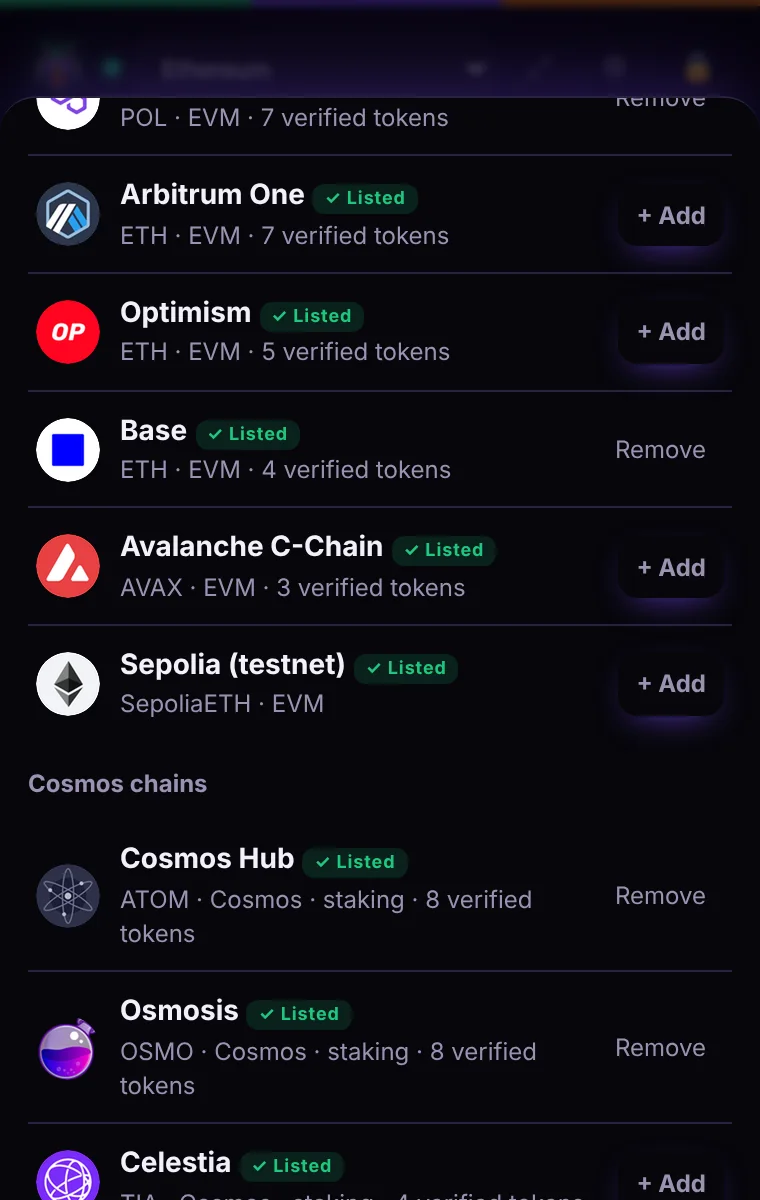 Cockroach Wallet: network catalog screen